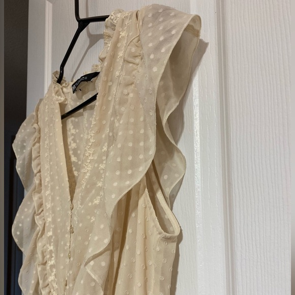 Zara Cream Ruffled Maxi Front Slip Cinched Waist V-Neck Coastal Dress Size Large - Picture 7 of 13